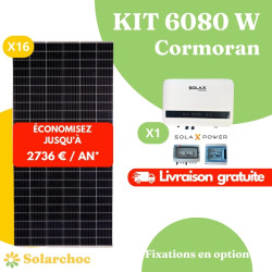 Kit solaire 6080W Autoconsommation 16 panneaux solaires JOLYWOOD 380W + 1 onduleur SOLAX X1 BOOST 6.0 monophasé Cormoran