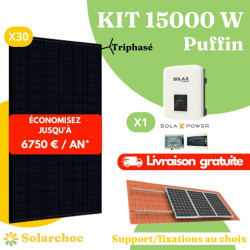 Kit solaire 15000W Autoconsommation 30 panneaux JOLYWOOD 500W + 1 onduleur SOLAX X3 MIC 15.0T Puffin