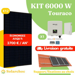 Kit solaire 6000W Autoconsommation 12 panneaux Jolywood 500W + 1 onduleur hybride SOLAX X1 6.0D Touraco