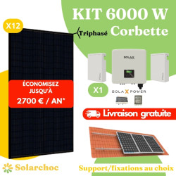 Kit solaire 6000W Autoconsommation 12 panneaux JOLYWOOD 500W + 1 onduleur hybride SOLAX X3 6.0D Corbette