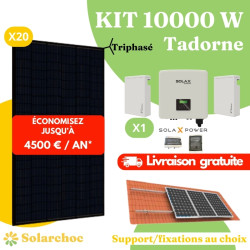 Kit solaire 10000W Autoconsommation 20 panneaux JOLYWOOD 500W + 1 onduleur hybride SOLAX X3 10.0D Tadorne