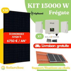 Kit solaire 15000W Autoconsommation 30 panneaux JOLYWOOD 500W + 1 onduleur hybride SOLAX X3 15.0D Frégate