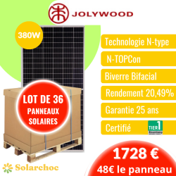 Lot de 36 Panneaux solaires JOLYWOOD 380W Cadre silver Bifacial Biverre NtypeJW-HD120N 380W