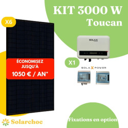 Kit solaire 3000W Autoconsommation 6 panneaux solaires JOLYWOOD 500W + 1 onduleur SOLAX X1 MINI 3.0 monophasé Toucan