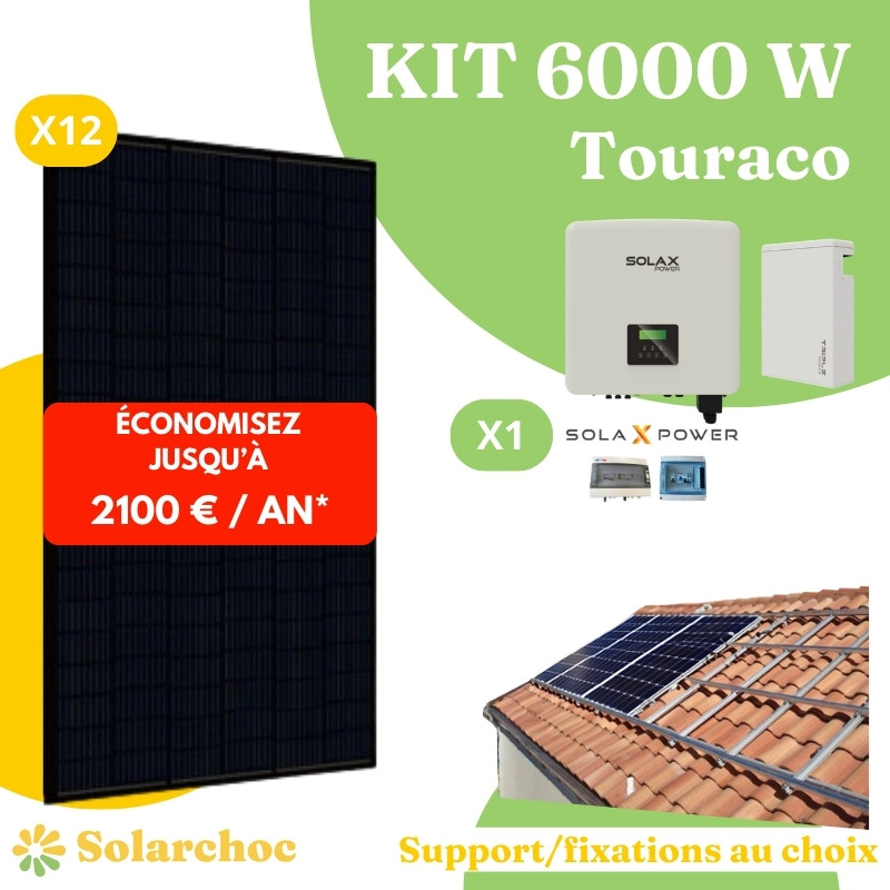 Kit solaire 6000W Autoconsommation 12 panneaux DMEGC 500W + 1 onduleur hybride SOLAX X1 6.0D Touraco